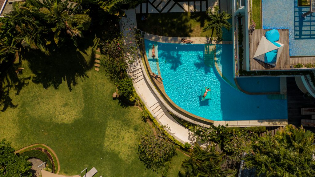 View of the swimming pool and garden.